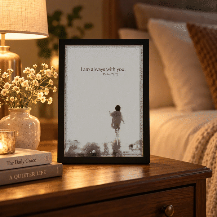 Light-up Jesus painting on a nightstand: switched off only the child shows, switched on Jesus appears beside him